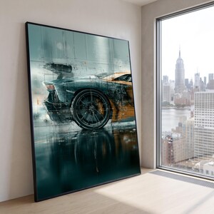 Modern Sports Car Rear View Canvas, Urban Mechanical Art, Automotive Wall Decor, Sleek Vehicle Illustration, Contemporary Canvas Print