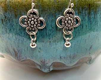 Silver Filigree Quatrefoil Earrings with Ball Dangle