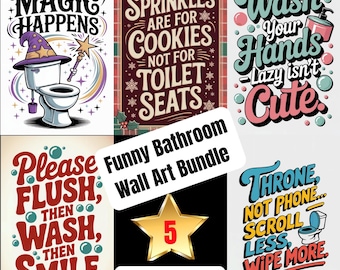 Funny Bathroom Wall Art Bundle | Retro Toilet Quotes Printable | Wash Your Hands Bathroom Decor | Humor Bathroom Signs | Instant Download