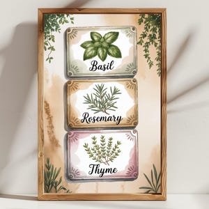 May include: A framed print featuring watercolor illustrations of basil, rosemary, and thyme. Each herb is labeled on a decorative rectangular plaque. The frame is made of wood, and the background has a watercolor wash.