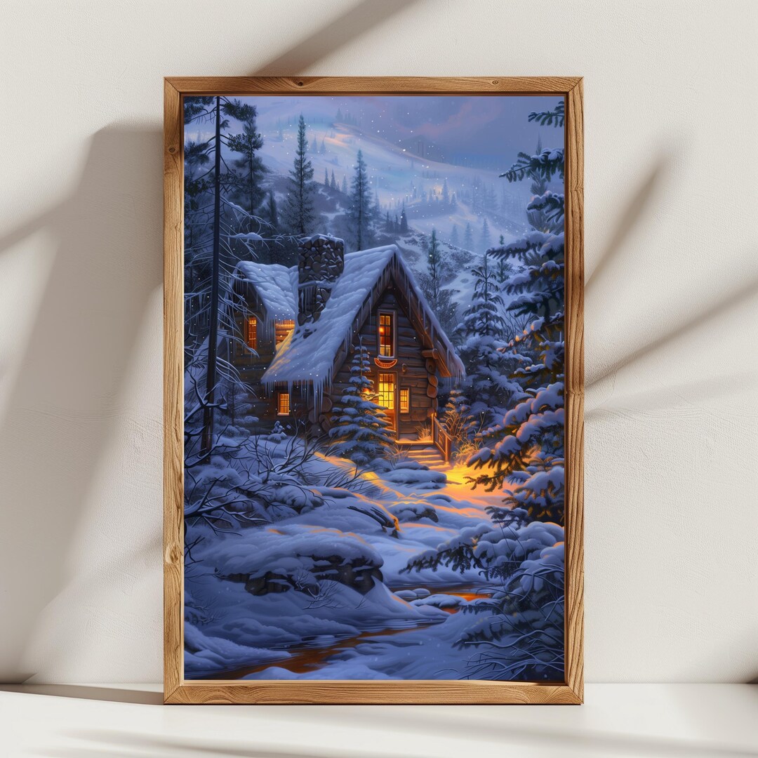 Cozy Winter Cabin Printable Wall Art | Snowy Christmas Cottage Poster ...