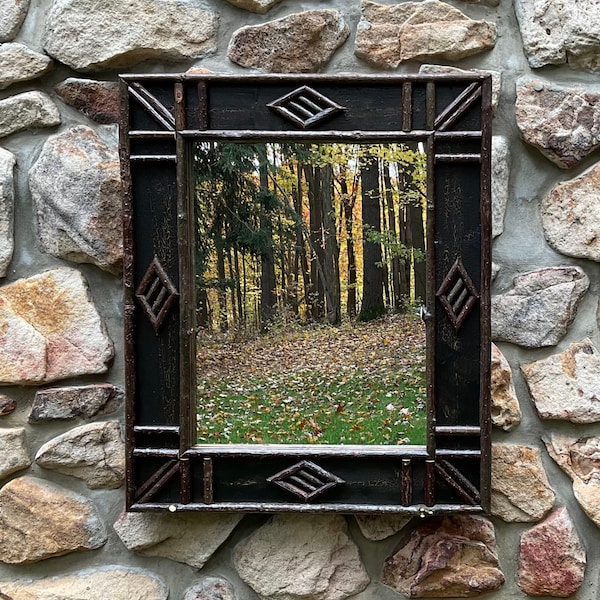 Adirondack Black Crackle Twig Mirror with Diamond Design