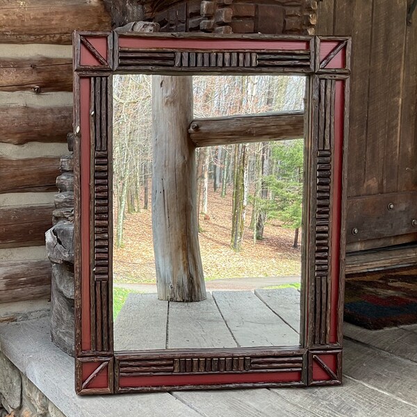 Adirondack Twig Mirror in Country Red Crackle Finish