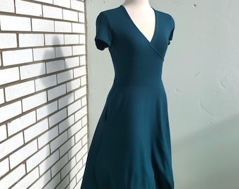 The Classic Holloway Half Wrap Dress With Pockets, Spruce Bamboo Knit Fabric, Sizes XS-3X, Made in Canada