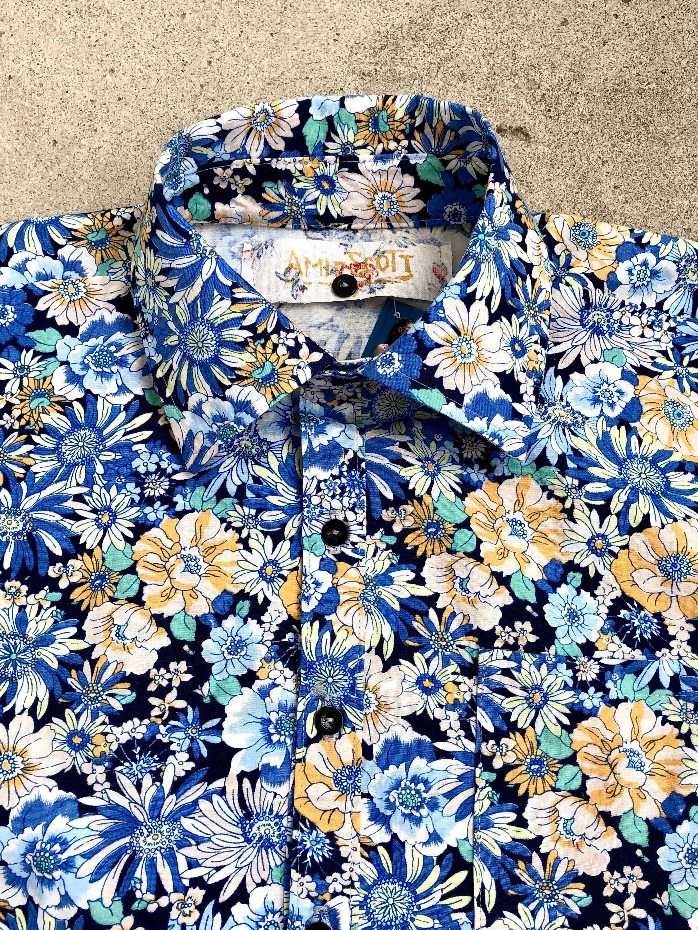 Mens Navy Floral Cotton Button up Shirt 