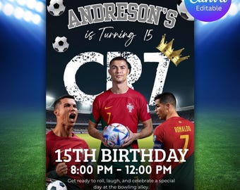 Invitación de cumpleaños de Ronaldo, fiesta de fútbol de CR7, plantilla de Canva (descarga instantánea)