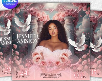 Elegant Memorial Announcement Flyer, Pink Floral Obituary (Canva Editable)