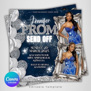 May include: A navy blue invitation for a prom send-off, featuring the text "Jennifer PROM SEND OFF" in silver. The design includes silver balloons, sparkling accents, and a photo of a person in a blue dress. The date is March 20, 2025.