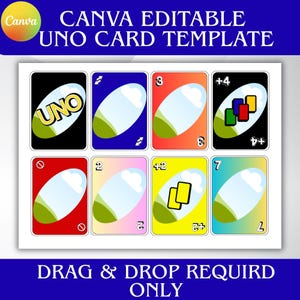 May include: A template for an Uno card game, featuring various card designs with numbers and symbols. The cards are in different colors, including red, blue, yellow, and black. The text "CANVA EDITABLE UNO CARD TEMPLATE" is at the top, and "DRAG & DROP REQUIRD ONLY" is at the bottom.