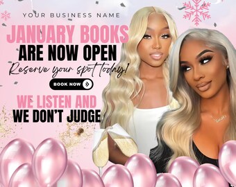 January Books Open, Holiday Booking Flyer, Editable Canva Template, New Year Book Flyer Pink, Hair Lash Braids Lash Nail Tech Makeup Barbers