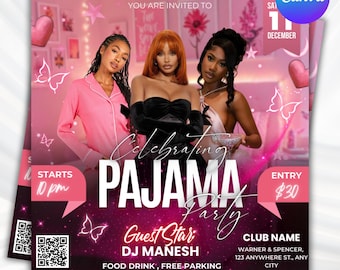 Pink Cheetah Pajama Party Flyer, Sleepover Invitation, Canva Editable (Digital Download)
