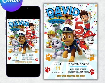 Paw Patrol verjaardagsuitnodiging, bewerkbare uitnodiging voor kinderfeestje (digitale download, 5 x 7 inch canvassjabloon)