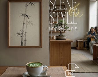 Picture Frame Mockup PSD, Light Wood Frame, Japanese Matcha Cafe, 5x7 8x10 A4, Smart Object, Zen Tea House Mockup, Wabi Sabi, Download