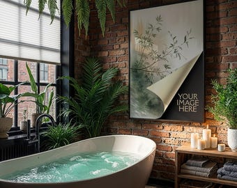 Bathroom Frame Mockup PSD | Industrial Brick Spa Hot Tub Interior | Urban Loft Botanical Decor | Vertical Poster Frame No Mat | 133
