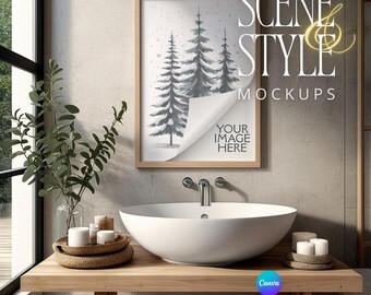 Picture Frame Mockup, Light Oak Frame, Minimalist Spa Bathroom, 5x7 8x10 A4, Canva PNG JPG, Japandi Wabi Sabi Mockup, Digital Download