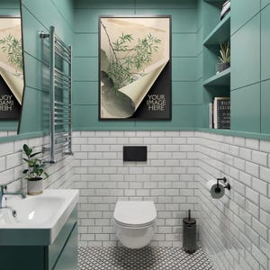 Bathroom Frame Mockup PSD | Teal Green Subway Tile Modern Compact | Dark Frame Vertical | Mat No Mat Options | 204