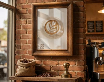 Picture Frame Mockup PSD, Dark Wood Frame, Industrial Coffee Shop, 5x7 8x10 A4, Smart Object, Cafe Mockup, Exposed Brick, Digital Download