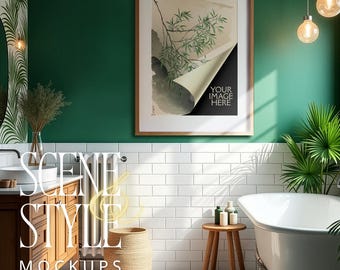 Emerald Green Bathroom Frame Mockup PSD | White Subway Tiles Clawfoot Tub | Vertical Wood Frame | Mat No Mat Options | 206