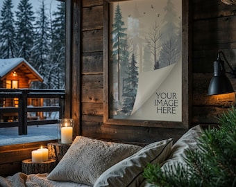 May include: A framed print with a forest scene hangs on a rustic wooden wall. The print has a partially peeled corner revealing the text "YOUR IMAGE HERE". A cozy bed with pillows and a lit candle in a glass jar are in the foreground.