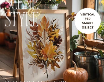 Autumn Wall Art Mockup: Vertical Frame, Styled Scene (PSD Template) | 103
