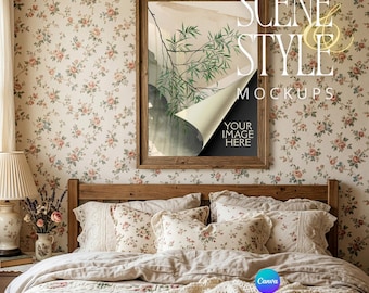 Picture Frame Mockup, Dark Wood Frame, Cottagecore Floral Bedroom, 5x7 8x10 A4, Canva PNG JPG, Grandmillennial Mockup, Digital Download