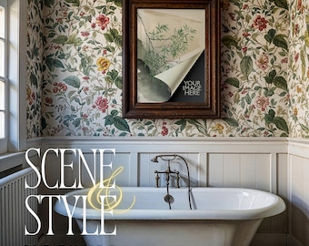 English Cottage Bathroom Frame Mockup PSD | Floral Wallpaper Clawfoot Tub | Vertical Dark Wood Frame | Mat No Mat Options | 199