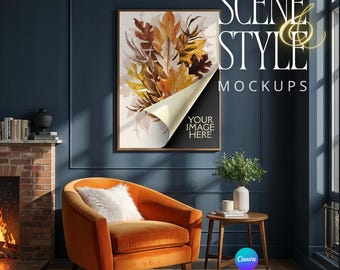 Picture Frame Mockup, Light Oak Frame, Navy Blue Living Room Scene, 5x7 8x10 A4, Canva PNG JPG, Autumn Cozy Mockup, Digital Download