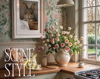 English Cottage Kitchen Frame Mockup PSD | Floral Wallpaper Vintage Cream Cabinets | Vertical White Frame | Mat No Mat Options | 210