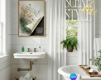 Picture Frame Mockup, Light Oak Frame, White Farmhouse Bathroom, 5x7 8x10 A4, Canva PNG JPG, Coastal Shiplap Mockup, Digital Download