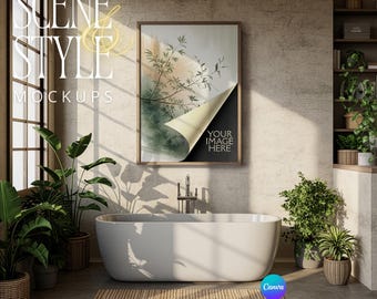 Picture Frame Mockup, Walnut Wood Frame, Urban Jungle Bathroom, 5x7 8x10 A4, Canva PNG JPG, Botanical Boho Mockup, Digital Download