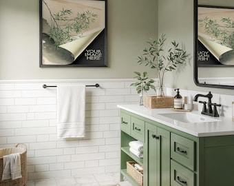 Bathroom Frame Mockup PSD | Sage Green Vanity Interior with Automatic Mirror Reflection | Square Display Black Frame | Mat No Mat | 140