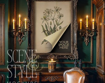 Gothic Interior Frame Mockup PSD | Dark Academia Candlelit Writing Room | Ornate Antique Frame | Mat No Mat Options | 200