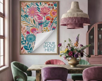 Dining Room Frame Mockup PSD | Pastel Eclectic Mismatched Velvet Chairs Interior | Vertical Display Natural Wood Frame | Mat / No Mat | 152