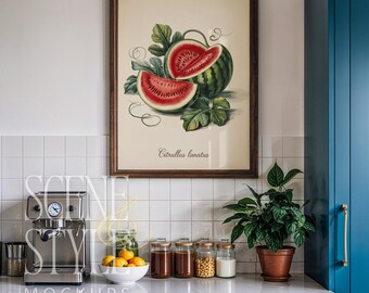 Modern Kitchen Frame Mockup PSD | Teal Cabinets White Subway Tiles Espresso Machine | Vertical Dark Wood Frame | Mat No Mat Options | 208