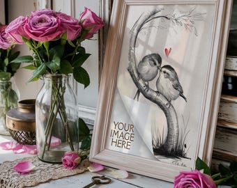 Romantic Scene Whitewash Frame Mockup PSD | Romantic Pink Roses (Digital Download) | 163