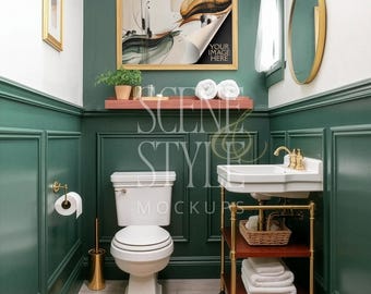 Bathroom Frame Mockup PSD | Green Paneling Powder Room Horizontal Art Display | Gold Fixtures Natural Wood | Mat No Mat Options | 123