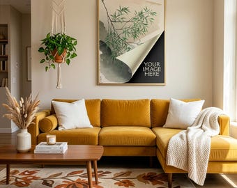 Scandi Boho Living Room Frame Mockup PSD | Mustard Sofa Cream Walls Macramé | Natural Wood Frame | Mat No Mat Options | 202