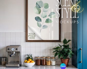 Picture Frame Mockup, Dark Wood Frame, Teal Blue Kitchen Scene, 5x7 8x10 A4, Canva PNG JPG, Modern Farmhouse Mockup, Digital Download