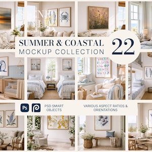 Kustthema mockup collectie | 22 Photoshop frame mockups | Strandhuis + Hamptons interieurs | Muurdecoratie PSD bundel
