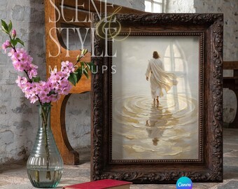 Picture Frame Mockup, Ornate Dark Wood Frame, Country Church Scene, 5x7 8x10 A4, Canva PNG JPG, Easter Spring Mockup, Digital Download