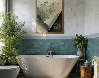 Bathroom Frame Mockup PSD | Teal Zellige Tile Marble Wall Freestanding Bath | Natural Wood Frame | Mat No Mat Options | 203