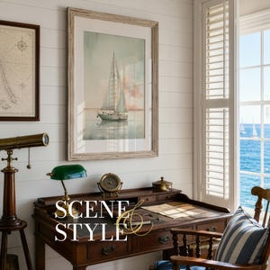 May include: A framed watercolor painting of a sailboat on the water hangs above a wooden desk. A green desk lamp, a brass clock, and a telescope are also visible. The image has the text "SCENE STYLE".