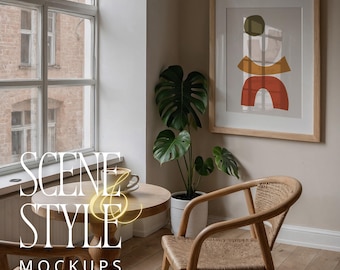 Picture Frame Mockup PSD, Light Oak Frame, Scandi Cafe Scene, 5x7 8x10 A4, Smart Object, Minimalist Coffee Shop Mockup, Digital Download