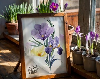 Spring Garden Mockup PSD | Rustic Windowsill Purple Crocus Flowers Natural Light | Vertical Wood Frame | Mat No Mat Options | 162