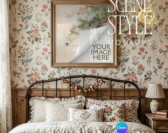Square Picture Frame Mockup, Light Wood Frame, Cottagecore Floral Bedroom, 8x8 10x10 12x12, Canva PNG JPG, Grandmillennial Mockup, Download