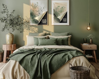 Bedroom Frame Mockup PSD | 2 Frames Sage Green Minimalist Interior | Horizontal Display Natural Wood | Mat No Mat Options | 132