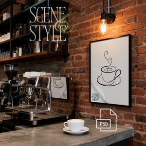 May include: A coffee shop scene with a framed print featuring a coffee cup illustration. The image includes a professional espresso machine, a cup of coffee, and the text "SCENE STYLE". The background is a brick wall.
