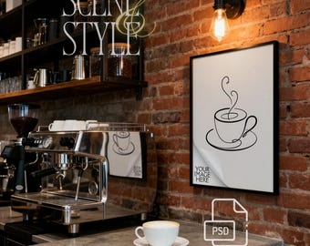 Picture Frame Mockup PSD, Black Frame, Industrial Coffee Shop Scene, 5x7 8x10 A4, Smart Object Reflection, Exposed Brick Cafe, Download
