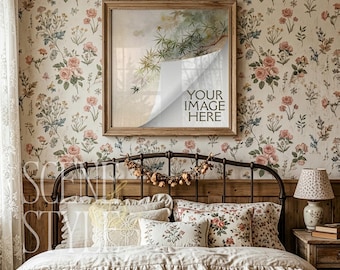 Square Picture Frame Mockup PSD, Light Wood Frame, Cottagecore Floral Bedroom, 8x8 10x10 12x12, Smart Object, Grandmillennial, Download