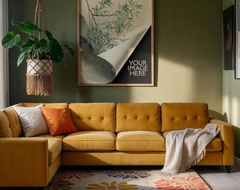 Boho Living Room Frame Mockup PSD | Mustard Velvet Sofa Olive Green Wall | Natural Wood Frame | Mat No Mat Options | 201